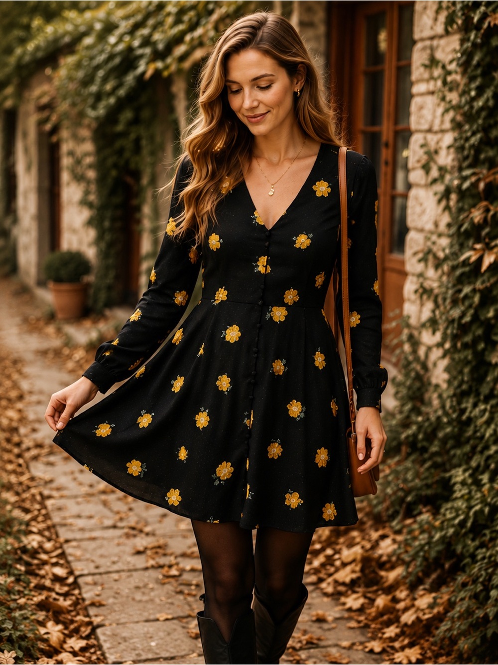 Madewell Floral Mini Dress Black Yellow Button Front Long Sleeve Fit Flare 0